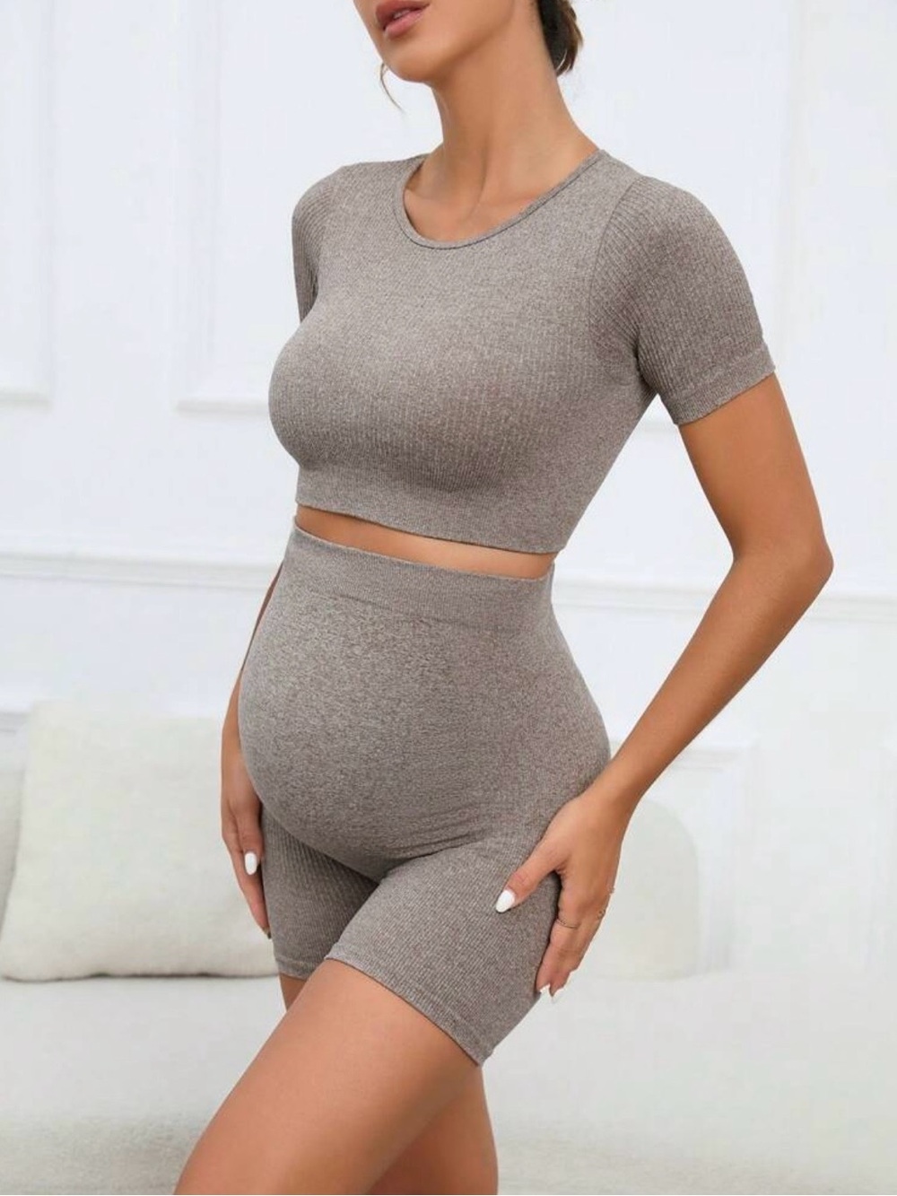 Maternity - Seamless Ribbed Crop Top & Biker Shorts Set in Taupe